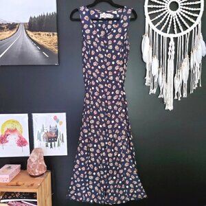 Vintage Navy and Beige Floral Maxi Dress